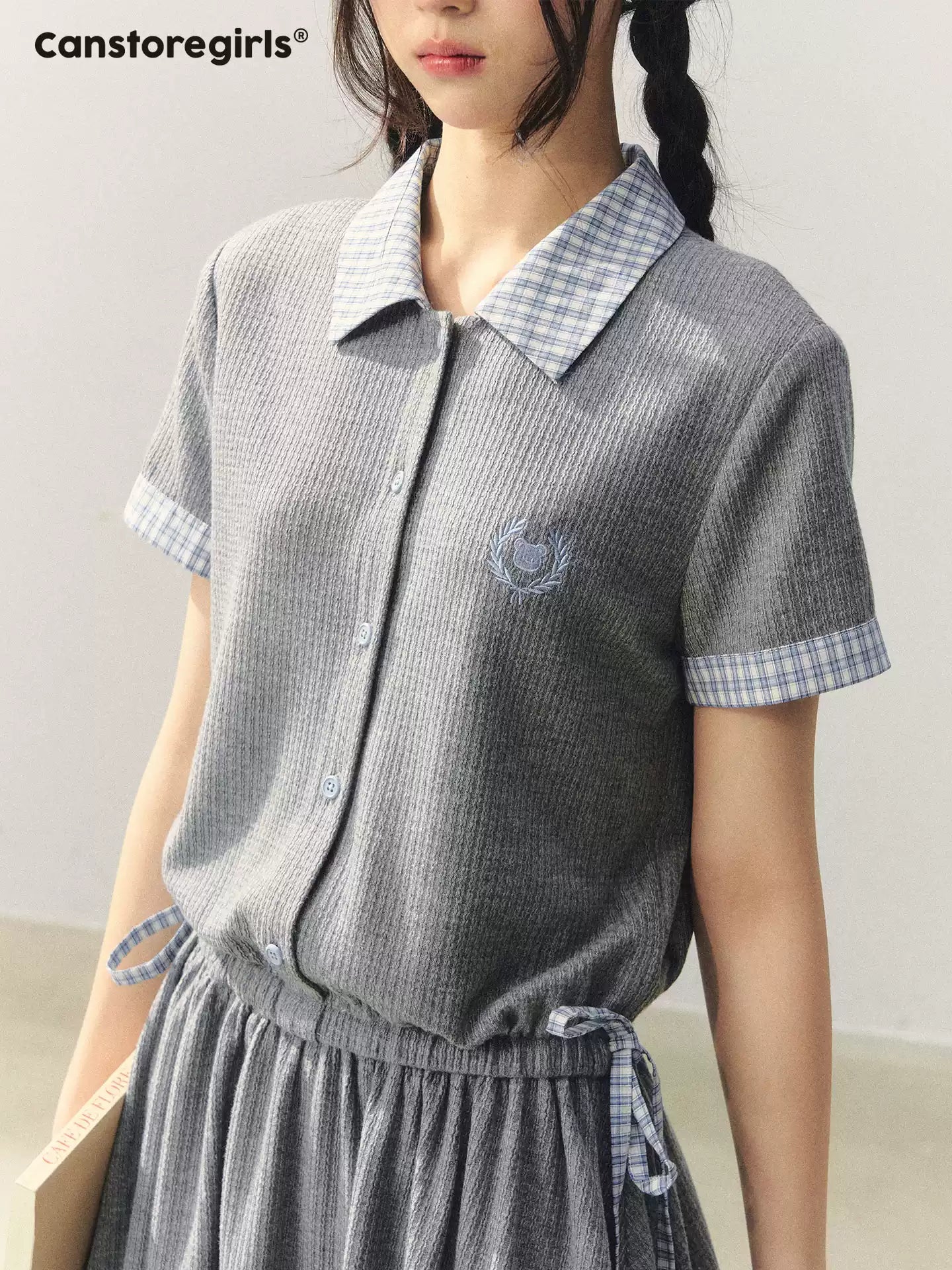 "Ivy Crest Letter" Plaid Panel Bubble Mini Dress LL2026031