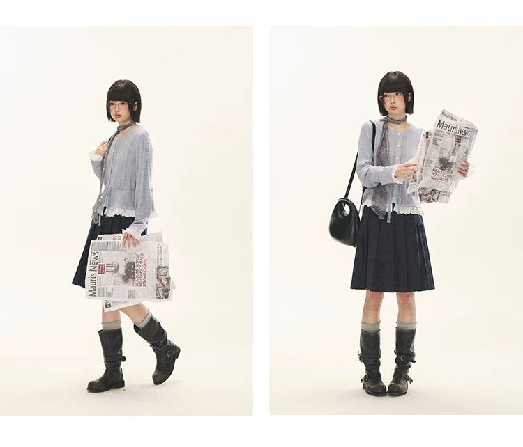 "Wisteria Whisper" Open-Knit Lace Tie Cardigan (Wisteria/ Ivory)