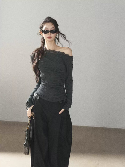 AOMALM - Dark Rock Gray Faux Two-Piece Asymmetrical Lace Long-Sleeve Top