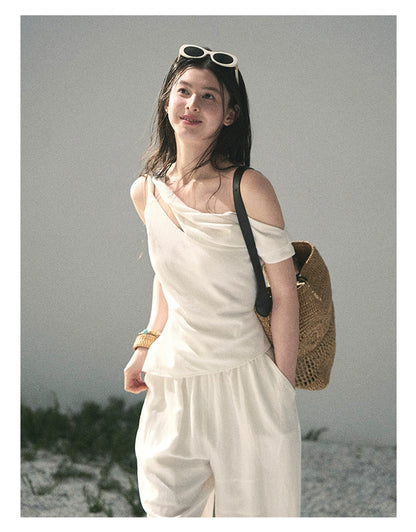 “Cloud Threads Falling at the Shoulder” Ivory Linen-Blend Two-Piece Set