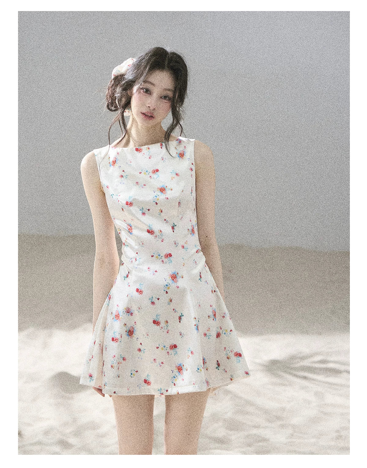"Where Every Bloom Begins" Dutch Cream Floral Satin Puff Mini Dress (With Matching Scrunchie)