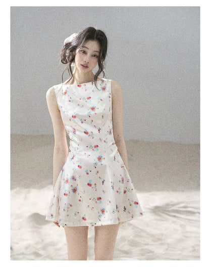 "Where Every Bloom Begins" Dutch Cream Floral Satin Puff Mini Dress (With Matching Scrunchie)