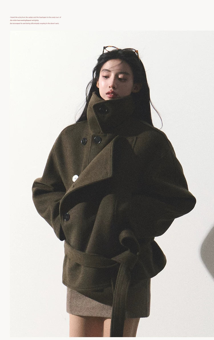 OAKMOO/ "The Flowers Are in Full Bloom" Jade Green Wool-Blend Short Belted Coat