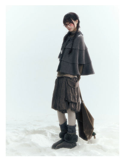 Horridale - Warm Charcoal Gray Knit Cape Poncho with Ruffle Collar