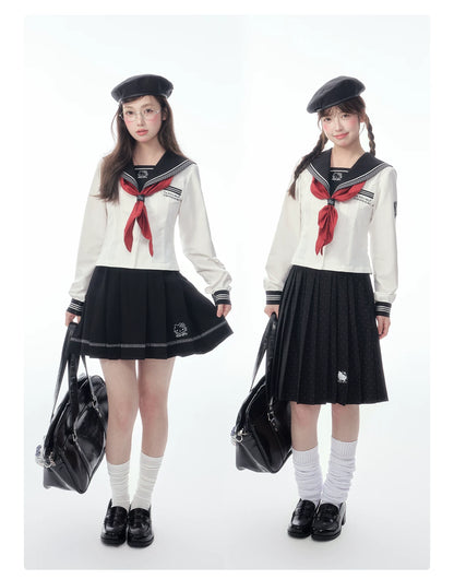 Slim-Fit Preppy Style Set - Sailor Collar Shirt / Front Box-Pleat Skirt / Polka Dot Skirt