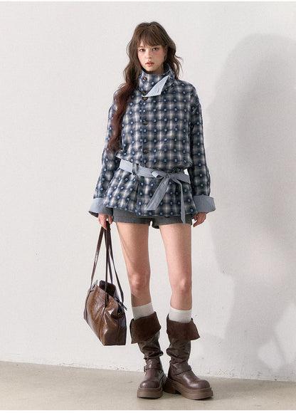 [TMMG] French Stand Collar Reversible Plaid Waist-Cinched Trench Coat (Morning Mist Blue)
