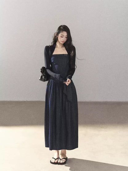 AOMALM - Navy Denim Long Dress with Matching Cardigan & Side Slit