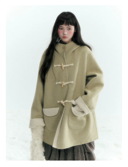 Horridale - Moss Green and Cream Reversible Hooded Wool Coat