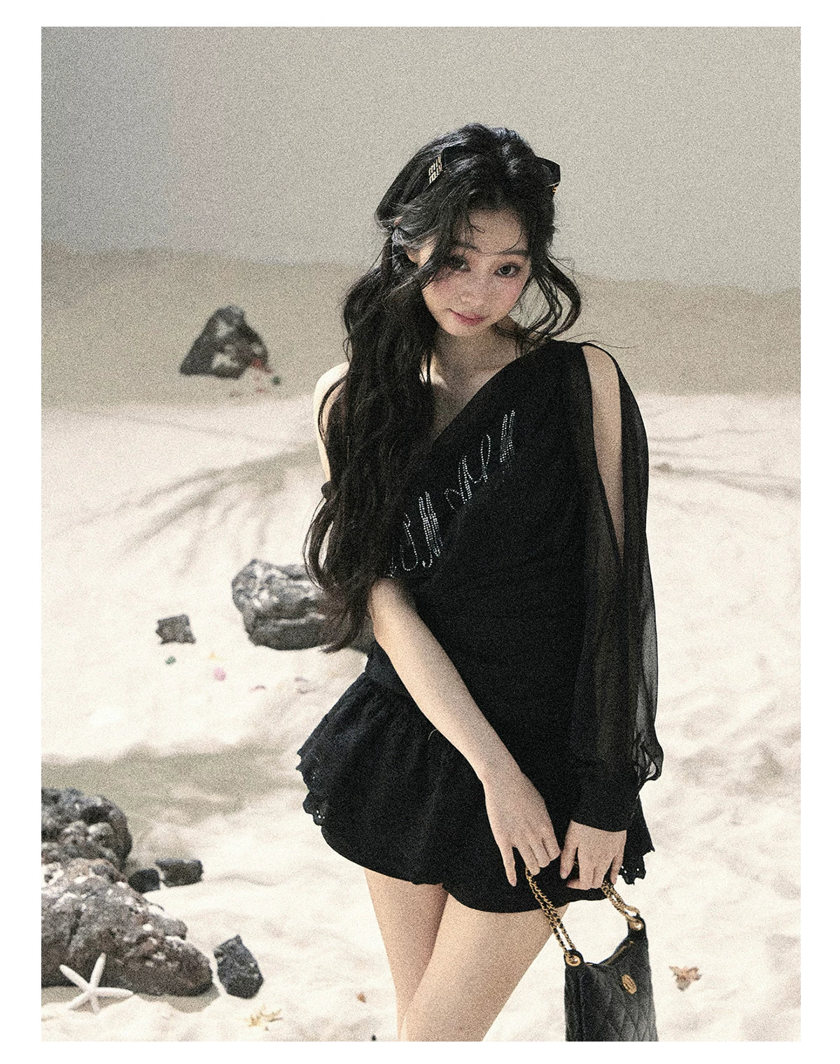 "Scattered Starlight" Midnight Black Off-Shoulder Mesh Waist-Cinched Top