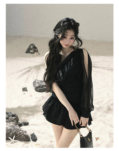 "Scattered Starlight" Midnight Black Off-Shoulder Mesh Waist-Cinched Top
