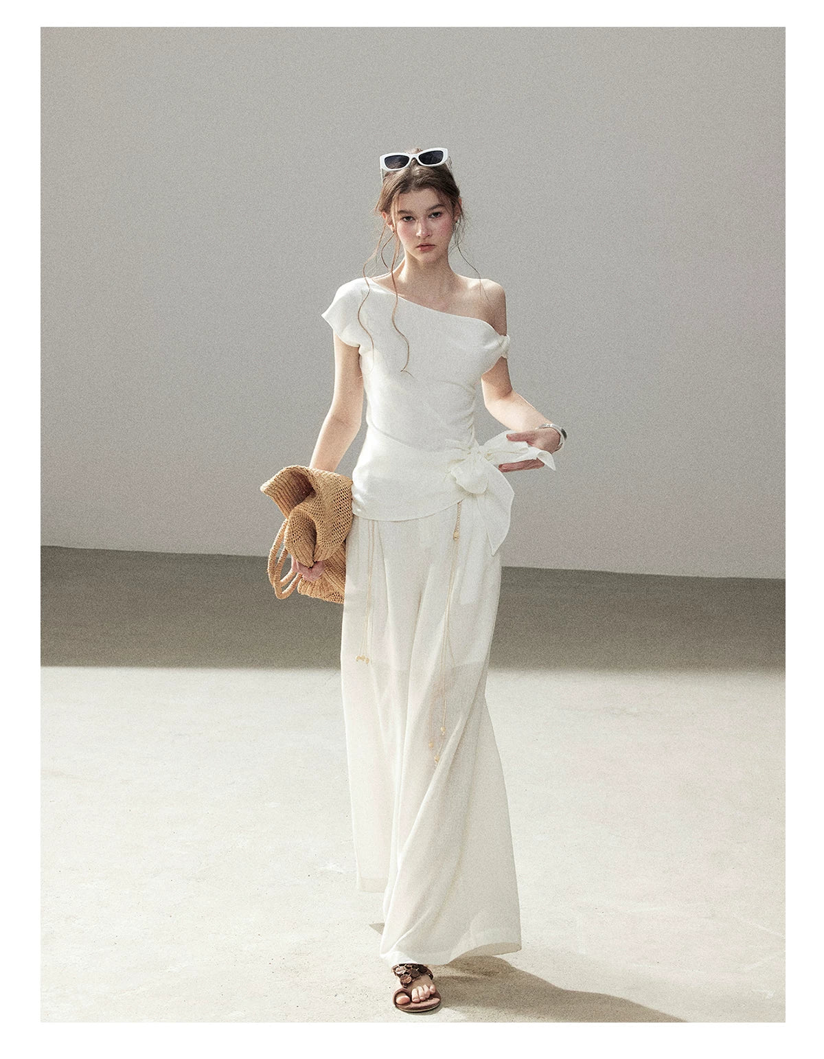 "Her Moonlight" Camellia White Off-Shoulder Top & Wide-Leg Pants Set