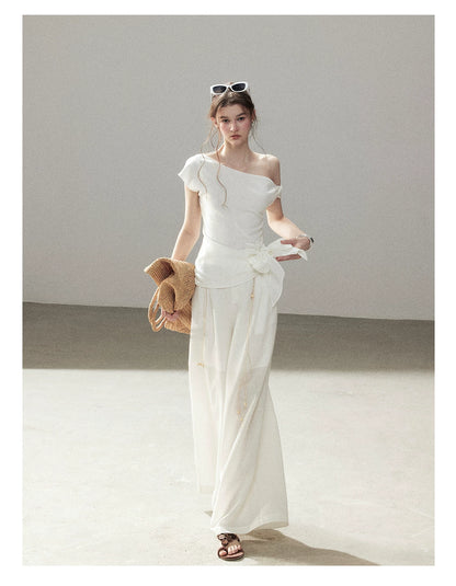 "Her Moonlight" Camellia White Off-Shoulder Top & Wide-Leg Pants Set