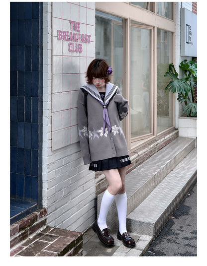 "Snow-Cleared Lily" Gray-Lilac JK Long-Sleeve Sailor Uniform Set