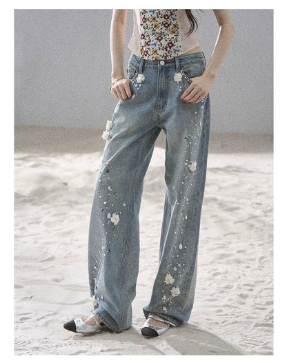 "Starlit Grace" Mist Blue Handmade Floral Wide-Leg Jeans