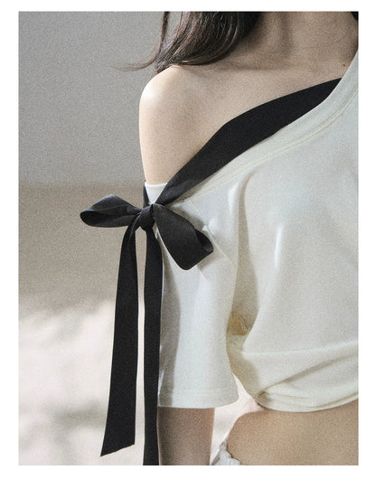 "Moonlight Upon Her" Creamy Apricot Off-Shoulder Twist Cropped T-Shirt