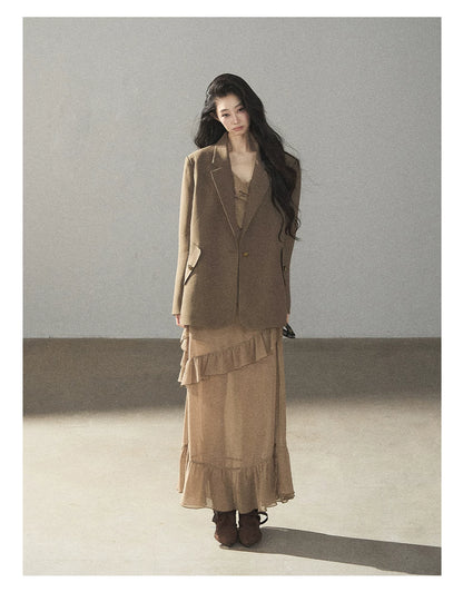 AOMALM - Cinnamon Gray-Brown Ruffle Chiffon Maxi Dress