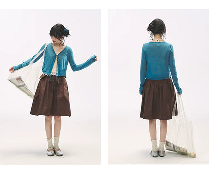 "Comfort Corner" Tie-Front Knit Cardigan (Melon Green/ Peacock Blue)