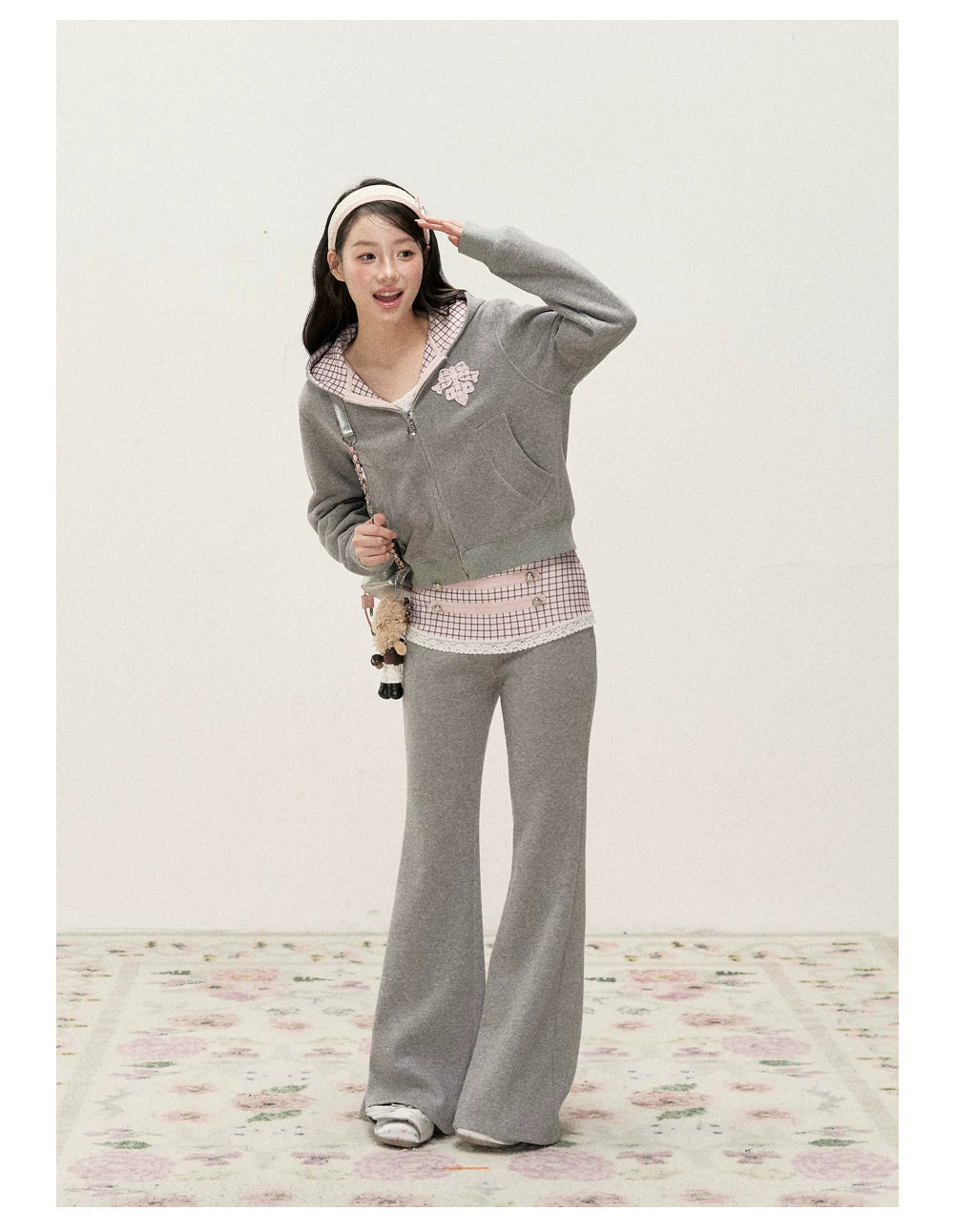 [RF] Soft Gingham Color-Block Hoodie and Flare Pants Set (Blue / Mauve)