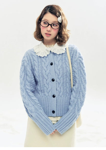 "Cotton Mousse" Cable Knit Cardigan with Detachable Ruffle Collar (Cotton Blue/ Soft White)