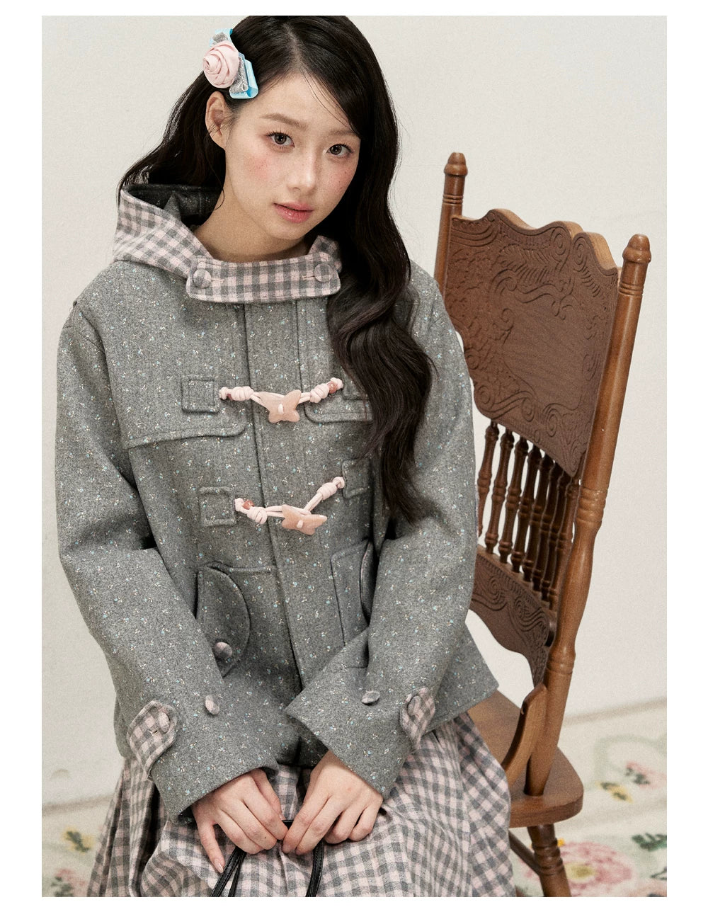 [RF] Floral Heather Gray Pink Plaid-Trim Hooded Duffle Coat