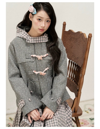 [RF] Floral Heather Gray Pink Plaid-Trim Hooded Duffle Coat