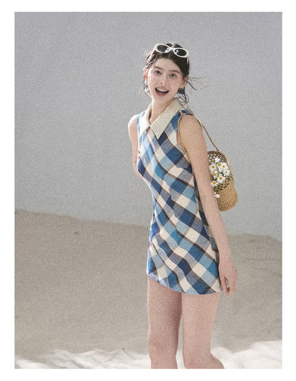 "Sunset by the Shore" Vintage Blue Plaid Polo Mini Dress 358648564