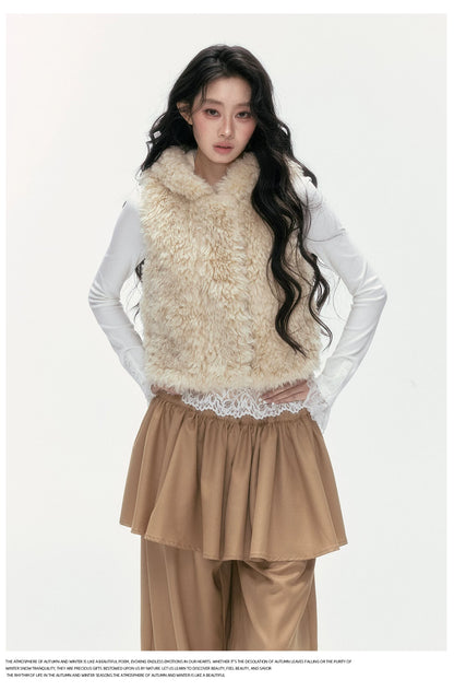 24olvides - Winter Mood Faux Fur Hooded Vest (Pink / Khaki / Cream White with Polka Dots)