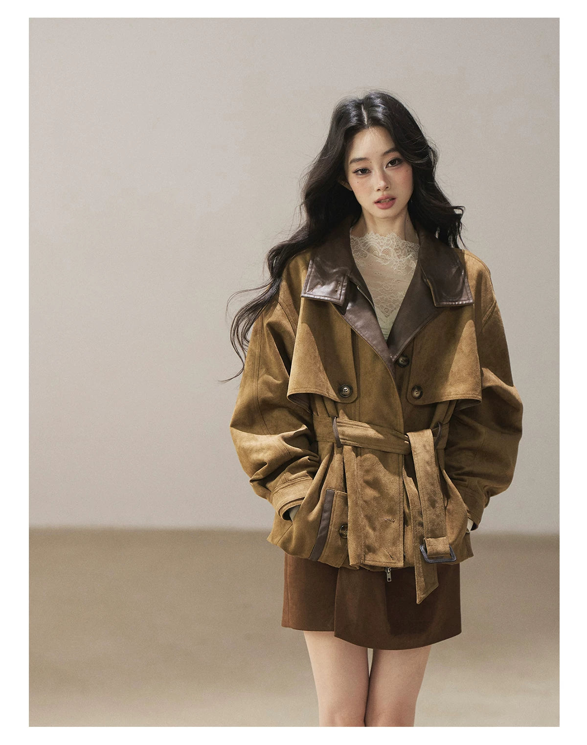 AOMALM - Chestnut Brown Faux-Suede Cropped Utility Coat with Belt