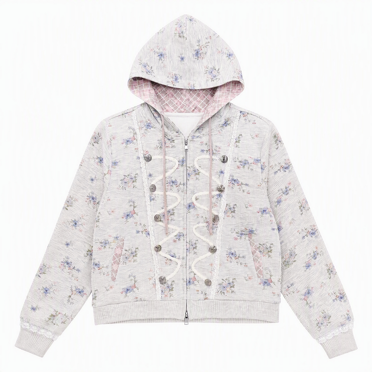 [RF] Vintage Floral Waffle Knit Hoodie Cardigan with Gingham Lining