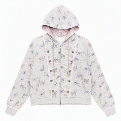 [RF] Vintage Floral Waffle Knit Hoodie Cardigan with Gingham Lining