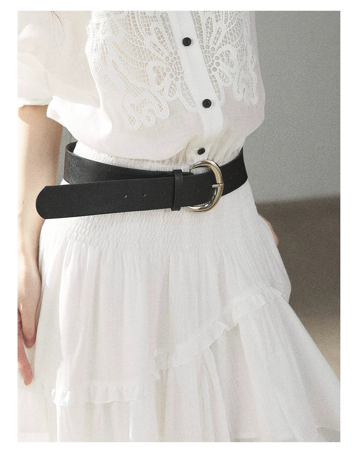 AOMALM - “Her Hemline” White Lace Shirt Dress with Belt