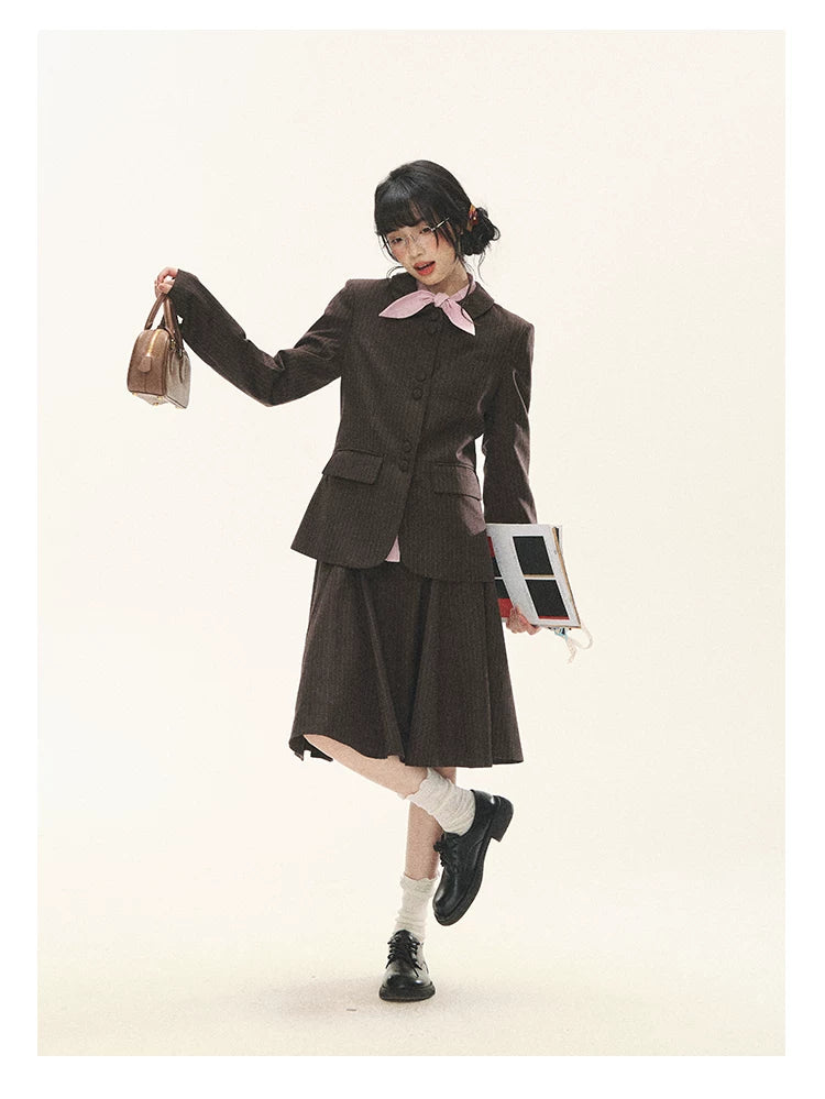 "Academy Memoir" Chocolate Brown Stripe Blazer & Pleated Skirt Set