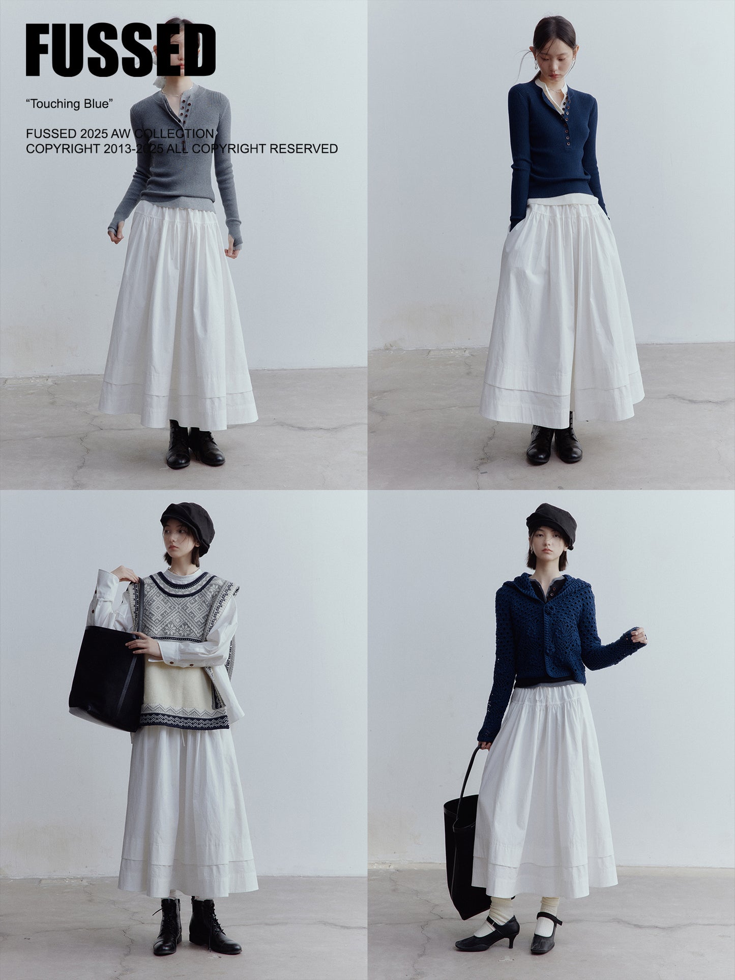 FUSSED Everyday Nerd Pleated Cotton Midi Skirt in Mist White FOF-25SS172a