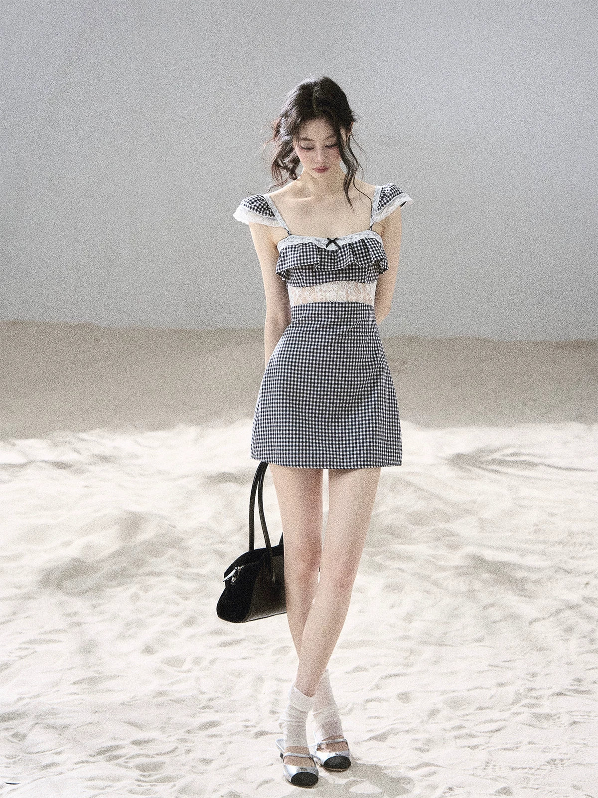 "Her in the Old Film" French Lace Plaid A-Line Mini Dress