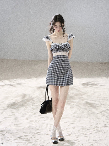 "Her in the Old Film" French Lace Plaid A-Line Mini Dress