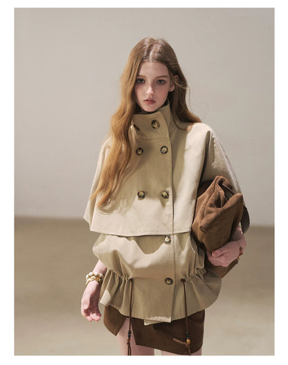 AOMALM - "Through the Oak Grove" Almond Taupe Cape Coat with Drawstring