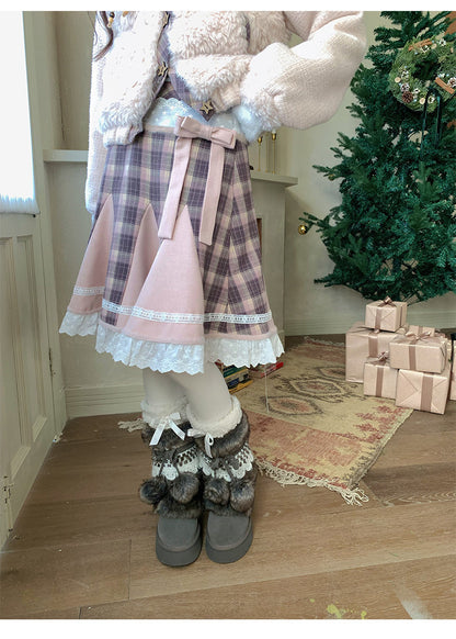 阮阮自制 - Love String Pink Plaid Wool Jacket & Mini Skirt Set