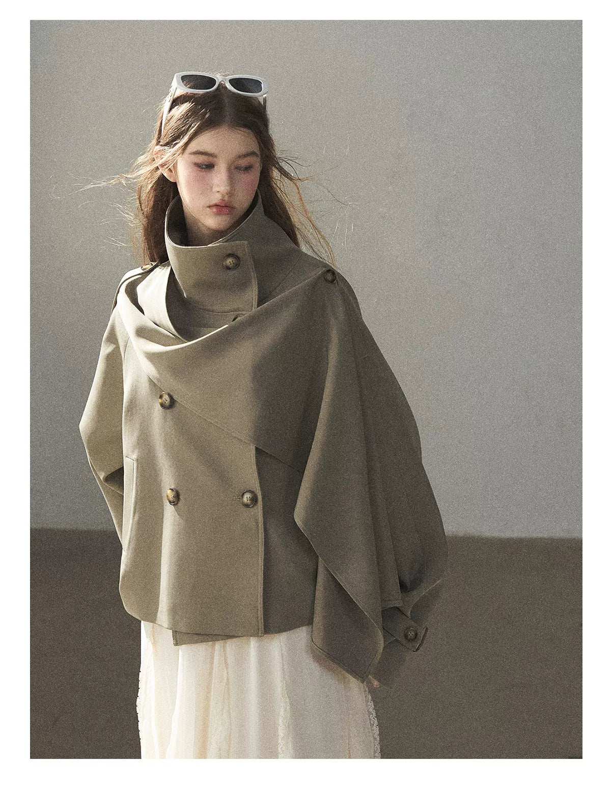 Gray Funnel-Neck Double-Breasted Short Trench Coat