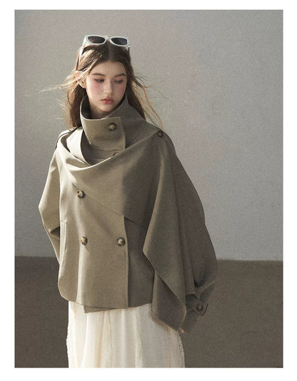 Gray Funnel-Neck Double-Breasted Short Trench Coat