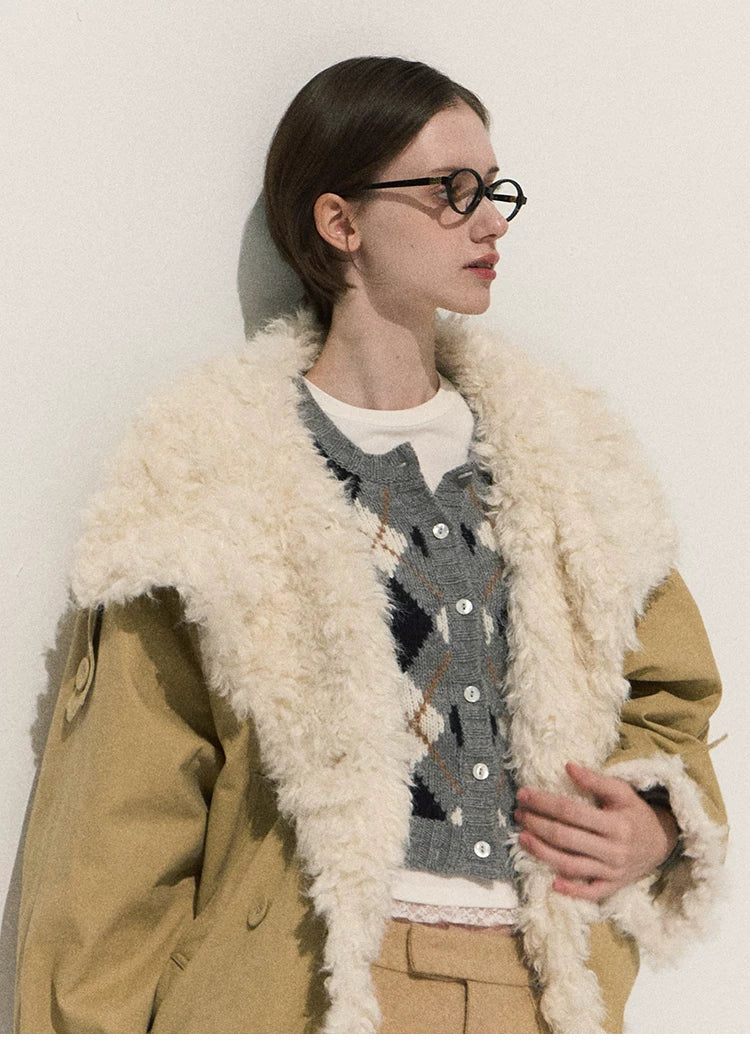 OAKMOO/ Cropped Faux Leather Shearling-Collar Jacket (Rich Black / Hazelnut Khaki)