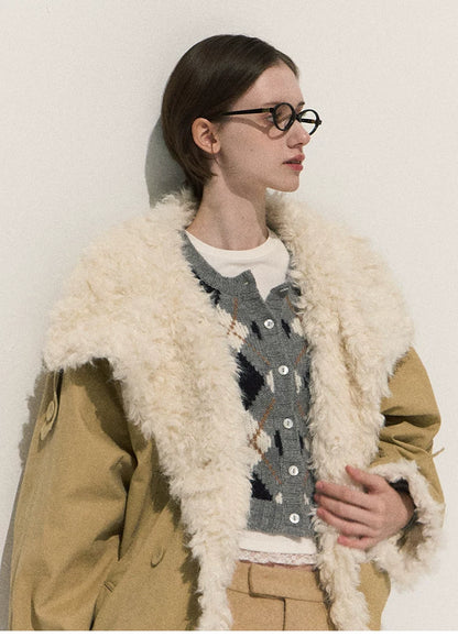 OAKMOO/ Cropped Faux Leather Shearling-Collar Jacket (Rich Black / Hazelnut Khaki)