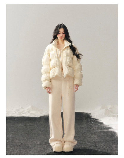 181225 “She Gazes at the Snow” White Duck Down Cropped Jacket - Milky Apricot White