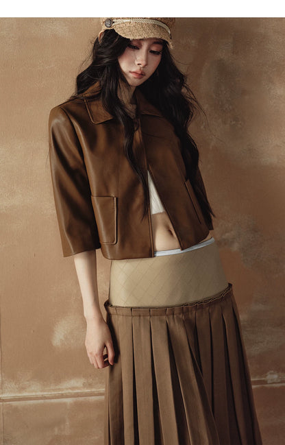 "Scholarly Muse" Khaki Faux Leather Jacket & Mixed-Media Pleated A-Line Skirt Set