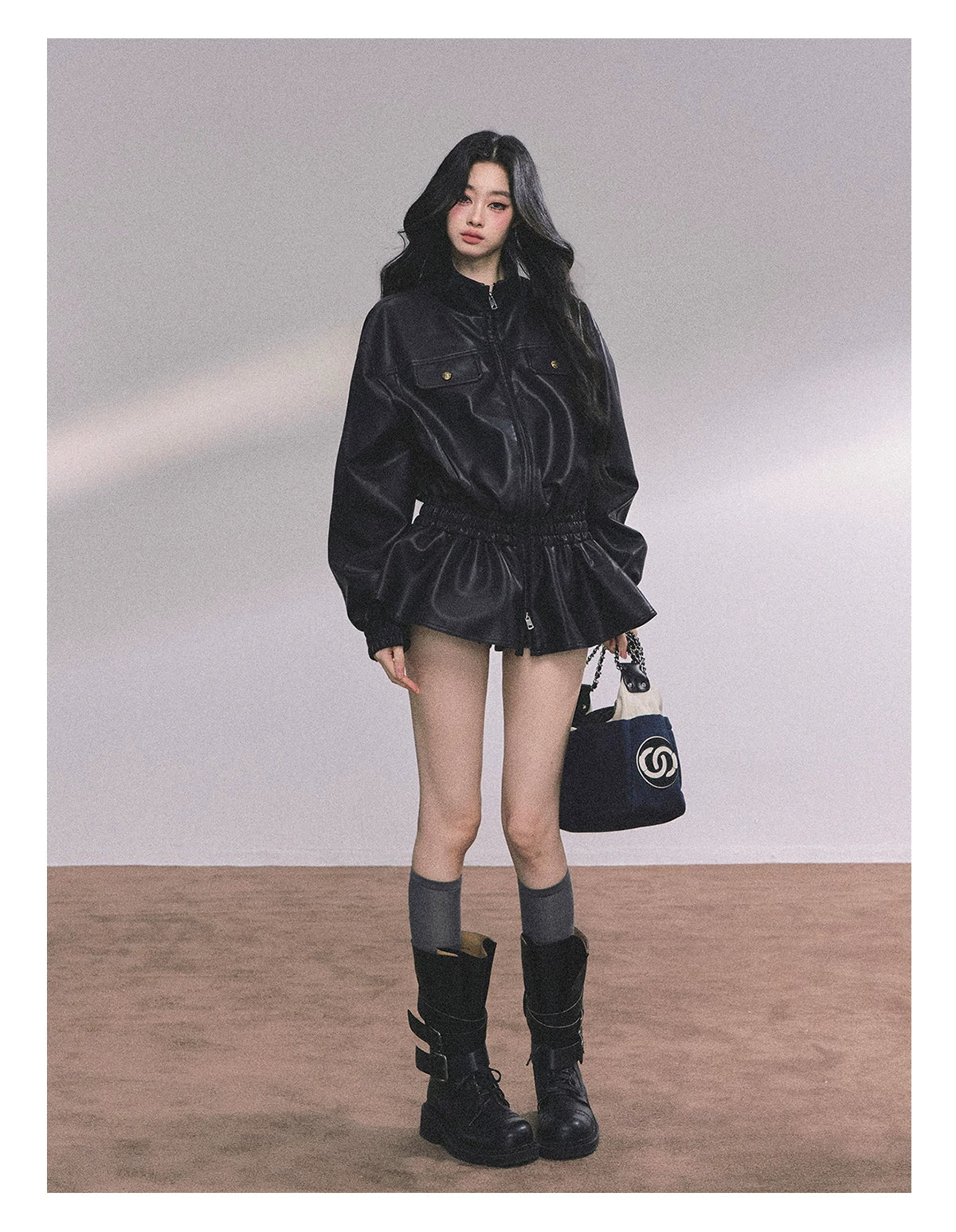 AOMALM - Burgundy PU Suede Jacket & A-Line Shorts Set