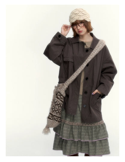 "The Vintage Darling" Light Coffee Plaid Cotton Peter Pan Collar Blouse