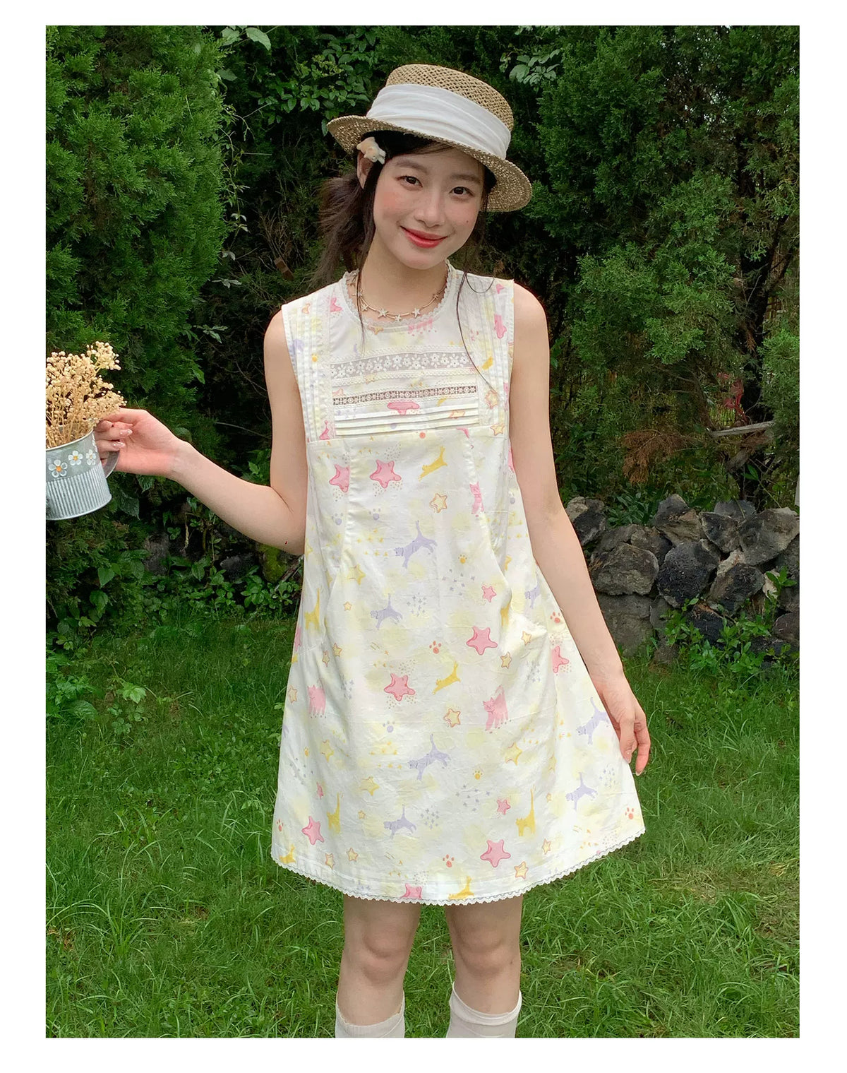 [RF] “Starry Pals” Ivory Animal Print Lace-Trim Sleeveless Mini Dress