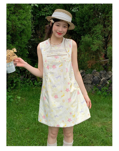 [RF] “Starry Pals” Ivory Animal Print Lace-Trim Sleeveless Mini Dress