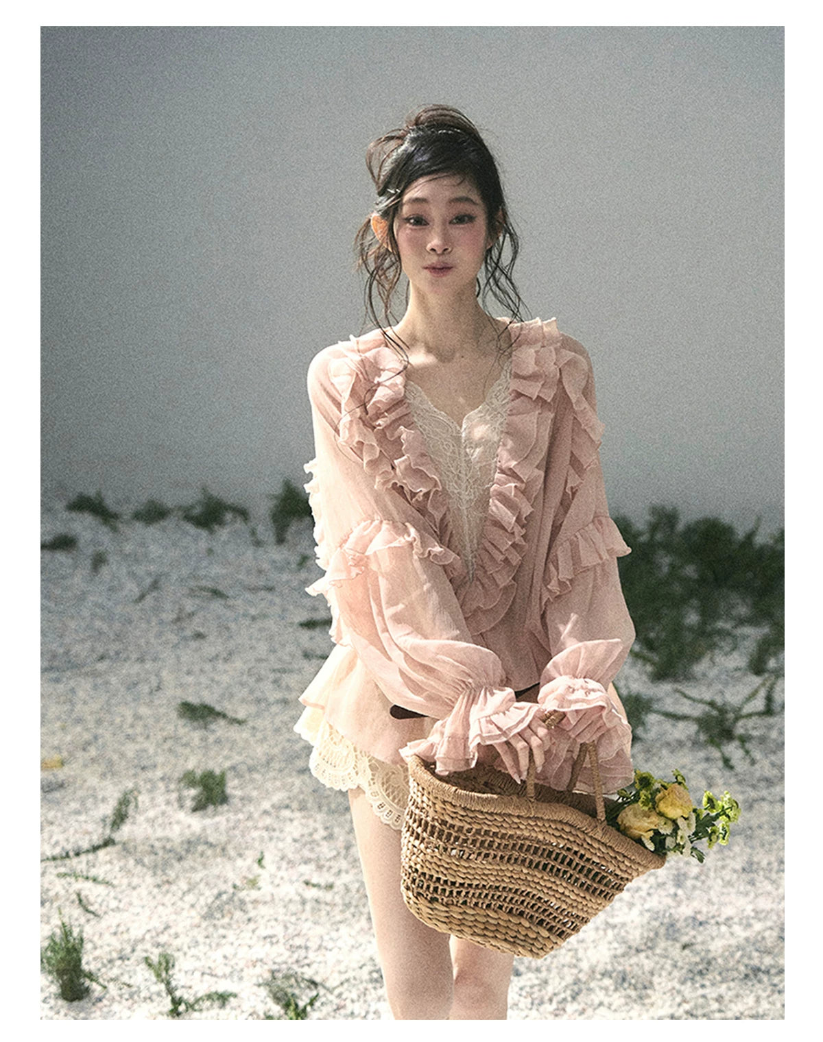 “Whispers of the Wind” Blush Pink Lace Chiffon Blouse (With Belt)