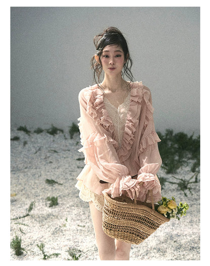 “Whispers of the Wind” Blush Pink Lace Chiffon Blouse (With Belt)