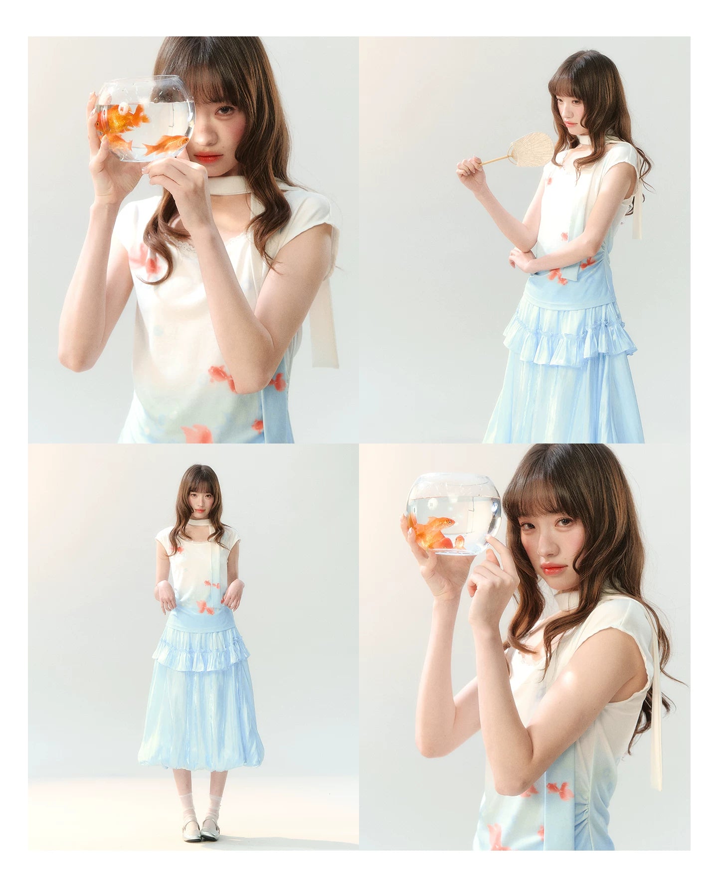 "Koi Garden Letter" White & Blue Goldfish Print Two-Piece Skirt Set LL2026220